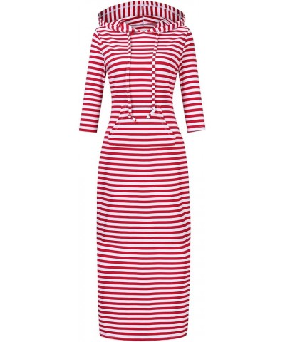 Women's Casual Pocket Slim Pullover Maxi Hoodie Dress 3/4 Sleeve/Red&white $15.92 Dresses
