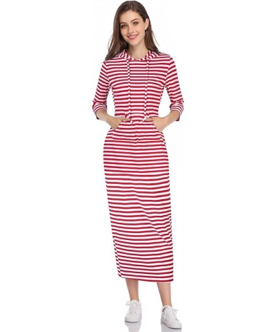 Women's Casual Pocket Slim Pullover Maxi Hoodie Dress 3/4 Sleeve/Red&white $15.92 Dresses