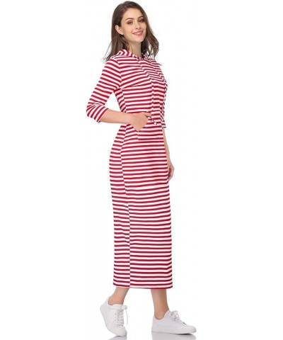 Women's Casual Pocket Slim Pullover Maxi Hoodie Dress 3/4 Sleeve/Red&white $15.92 Dresses