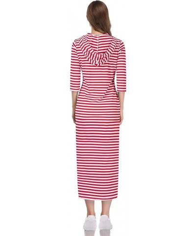 Women's Casual Pocket Slim Pullover Maxi Hoodie Dress 3/4 Sleeve/Red&white $15.92 Dresses