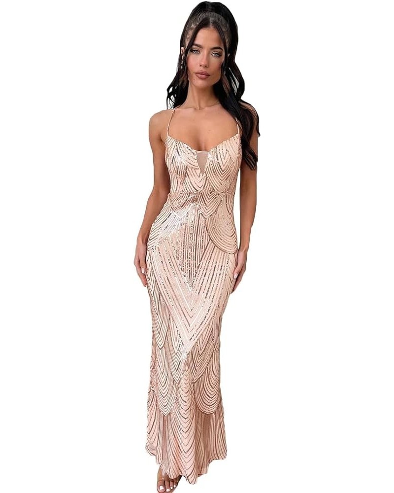 Halter Prom Dresses for Women 2024 Glitter Sequin Sexy Backless Mermaid Formal Evening Gowns YJ217 A-rose Gold $29.25 Dresses