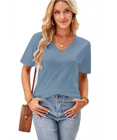 Womens Summer Loose Fit Casual Short Sleeve Basic T Shirts Tunic Cotton Tops V Neck Tshirts Fashion Plain Tees A01-blue $10.4...