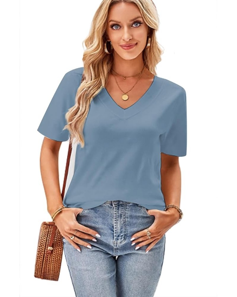 Womens Summer Loose Fit Casual Short Sleeve Basic T Shirts Tunic Cotton Tops V Neck Tshirts Fashion Plain Tees A01-blue $10.4...