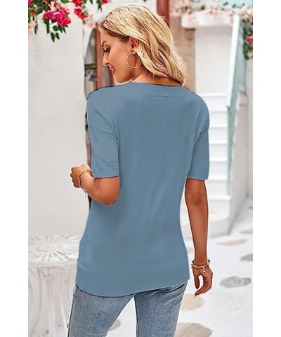 Womens Summer Loose Fit Casual Short Sleeve Basic T Shirts Tunic Cotton Tops V Neck Tshirts Fashion Plain Tees A01-blue $10.4...