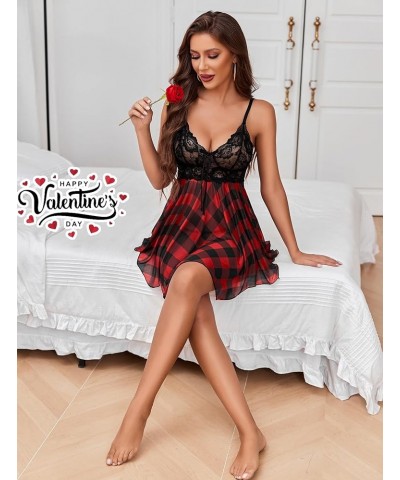 Women Lingerie Babydoll Lace Nightgown Mesh Chemise Boudoir Nighty Teddy Lingerie Red Plaid $9.17 Lingerie