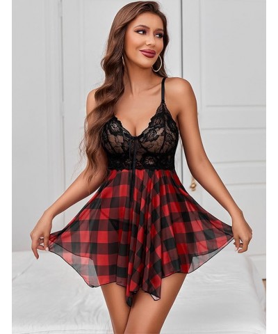 Women Lingerie Babydoll Lace Nightgown Mesh Chemise Boudoir Nighty Teddy Lingerie Red Plaid $9.17 Lingerie