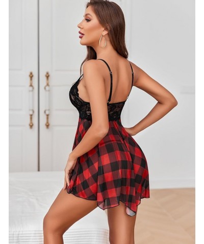 Women Lingerie Babydoll Lace Nightgown Mesh Chemise Boudoir Nighty Teddy Lingerie Red Plaid $9.17 Lingerie