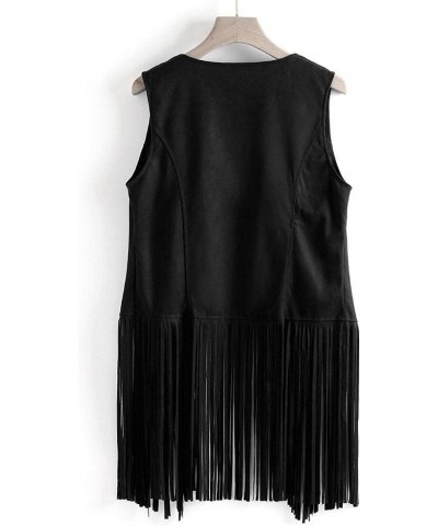 Women Faux Suede Fringe Vest 70s Hippie Clothes Open-Front Sleeveless Tassel Cardigan Waistcoat Jacket Outwear Tops Black $9....
