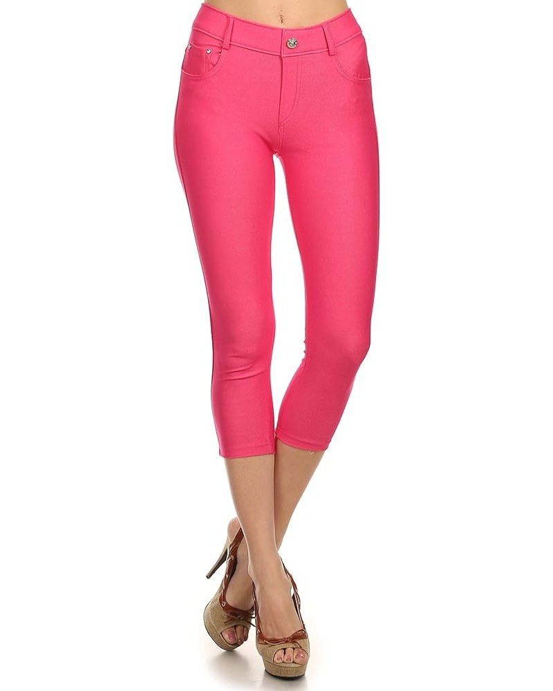 Women's Stretch Capri Jeggings - Slimming Cotton Pull On Jean Like Cropped Leggings with Plus Size Fuchsia $9.84 Leggings