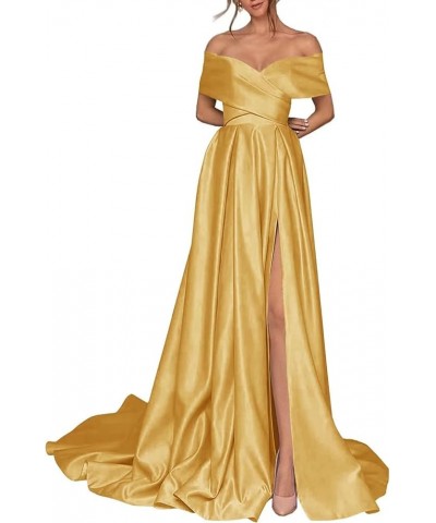 Women's Off Shoulder High Slit Prom Dresses Long Sexy Spaghetti Satin Prom Party Gowns Mairgold $43.68 Dresses