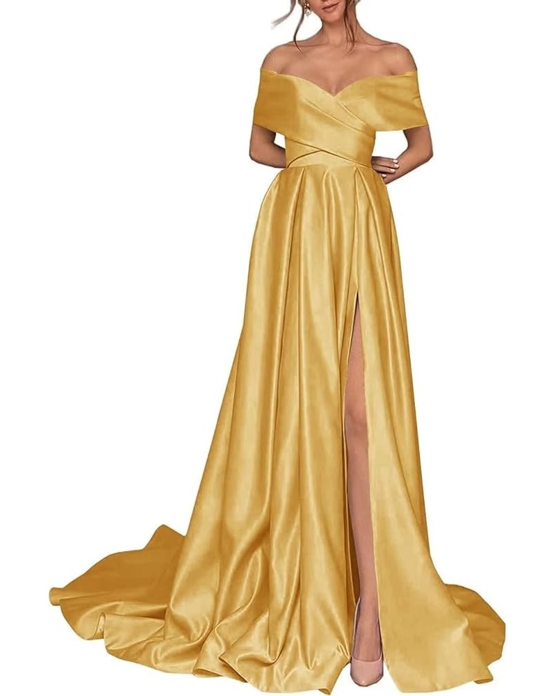 Women's Off Shoulder High Slit Prom Dresses Long Sexy Spaghetti Satin Prom Party Gowns Mairgold $43.68 Dresses