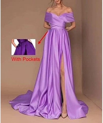 Women's Off Shoulder High Slit Prom Dresses Long Sexy Spaghetti Satin Prom Party Gowns Mairgold $43.68 Dresses