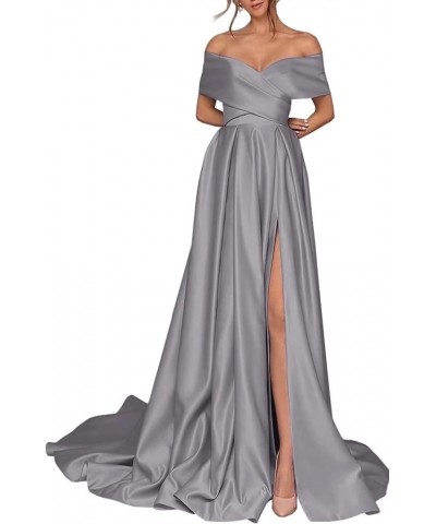 Women's Off Shoulder High Slit Prom Dresses Long Sexy Spaghetti Satin Prom Party Gowns Mairgold $43.68 Dresses