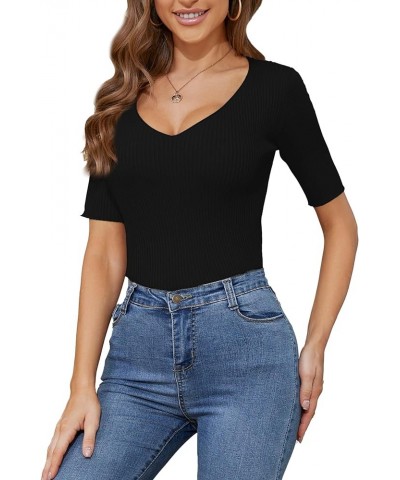 Women's Short Sleeve V Neck Ribbed Knit Pullover Slim Fit Basic T Shirt Tops Black $12.60 T-Shirts