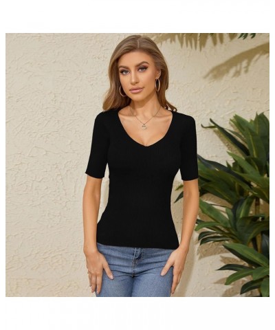 Women's Short Sleeve V Neck Ribbed Knit Pullover Slim Fit Basic T Shirt Tops Black $12.60 T-Shirts