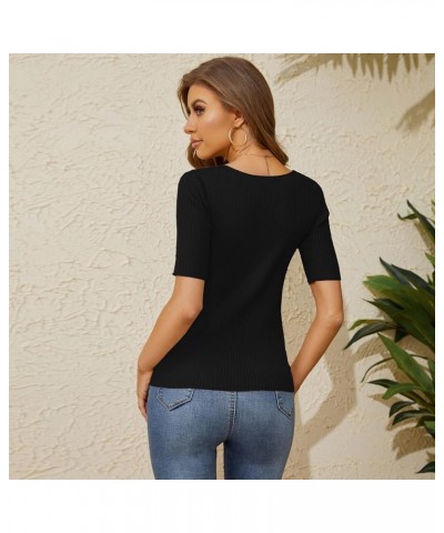 Women's Short Sleeve V Neck Ribbed Knit Pullover Slim Fit Basic T Shirt Tops Black $12.60 T-Shirts