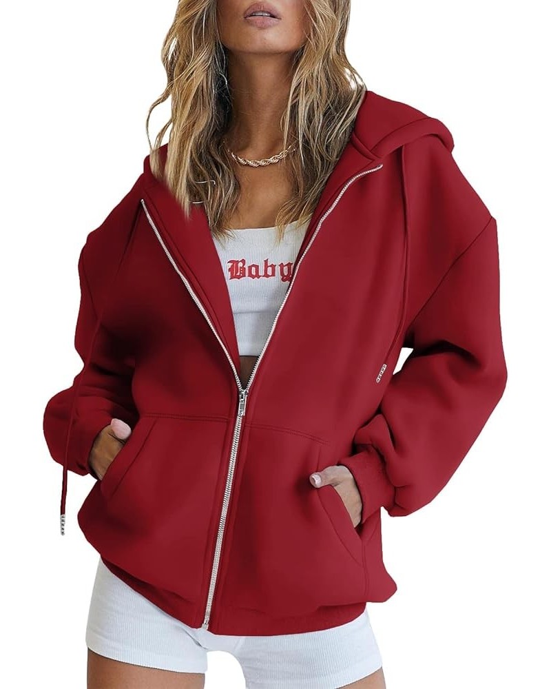 Womens Zip Up Hoodies Long Sleeve Sweatshirts Fall Outfits Oversized Sweaters Casual Fashion Jackets Red $22.25 Hoodies & Swe...