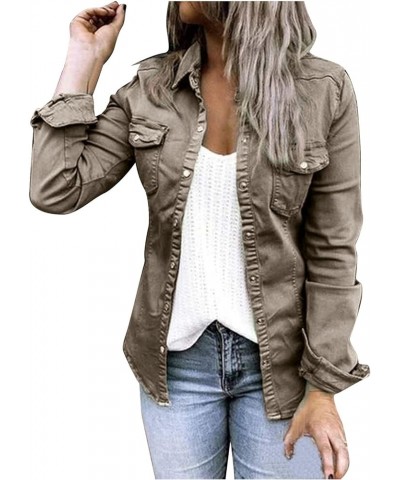 Jacket Women Single Breasted Snap Lapel Long Sleeve Pocket Tunic Shirt Work Denim Jacket Women with Pockets Grey $17.33 Jackets