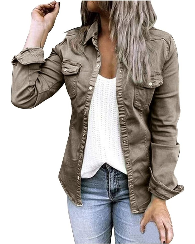 Jacket Women Single Breasted Snap Lapel Long Sleeve Pocket Tunic Shirt Work Denim Jacket Women with Pockets Grey $17.33 Jackets