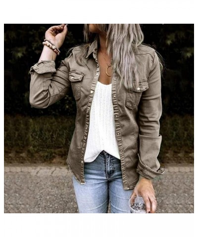 Jacket Women Single Breasted Snap Lapel Long Sleeve Pocket Tunic Shirt Work Denim Jacket Women with Pockets Grey $17.33 Jackets