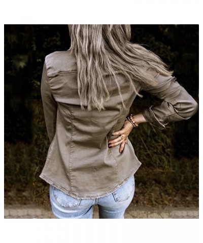 Jacket Women Single Breasted Snap Lapel Long Sleeve Pocket Tunic Shirt Work Denim Jacket Women with Pockets Grey $17.33 Jackets