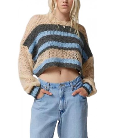 Women Colorful Striped Tassels Sweater Long Sleeve Color Block Crop Tops Corchet Knit Pullover Jumper Tops Hollow Out 77- Blu...