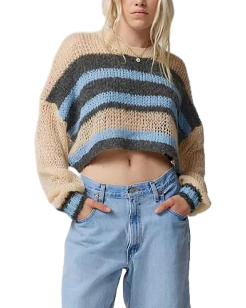 Women Colorful Striped Tassels Sweater Long Sleeve Color Block Crop Tops Corchet Knit Pullover Jumper Tops Hollow Out 77- Blu...