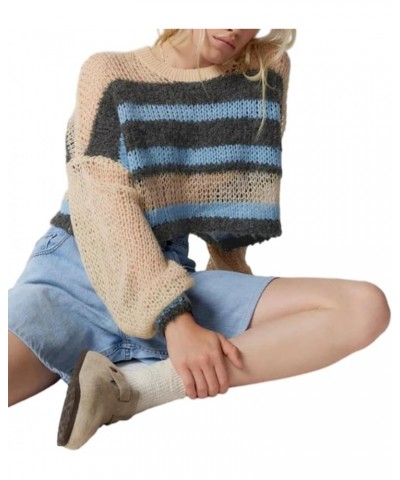 Women Colorful Striped Tassels Sweater Long Sleeve Color Block Crop Tops Corchet Knit Pullover Jumper Tops Hollow Out 77- Blu...