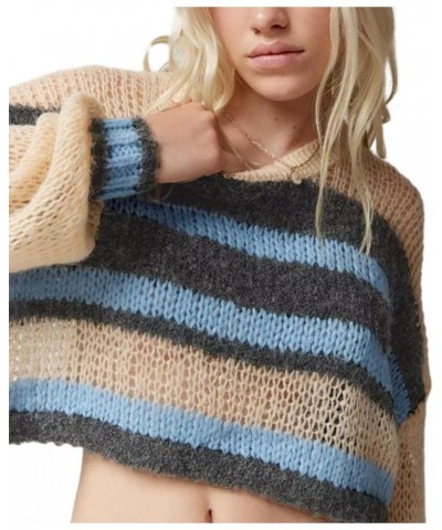 Women Colorful Striped Tassels Sweater Long Sleeve Color Block Crop Tops Corchet Knit Pullover Jumper Tops Hollow Out 77- Blu...