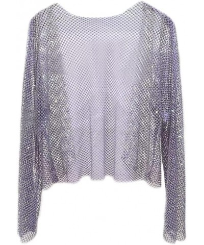 Women Open Front Rhinestone Crop Cardigan Long Sleeves See Through Mesh Y2K Fishnet Cover Up Top Purple $22.61 Sweaters