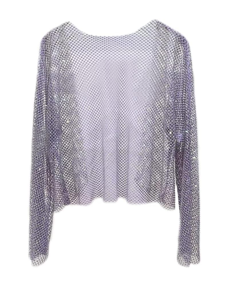 Women Open Front Rhinestone Crop Cardigan Long Sleeves See Through Mesh Y2K Fishnet Cover Up Top Purple $22.61 Sweaters