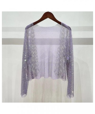 Women Open Front Rhinestone Crop Cardigan Long Sleeves See Through Mesh Y2K Fishnet Cover Up Top Purple $22.61 Sweaters