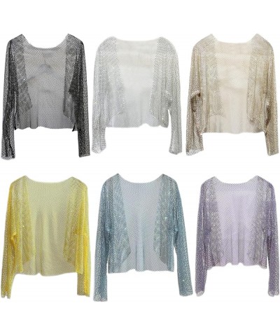 Women Open Front Rhinestone Crop Cardigan Long Sleeves See Through Mesh Y2K Fishnet Cover Up Top Purple $22.61 Sweaters