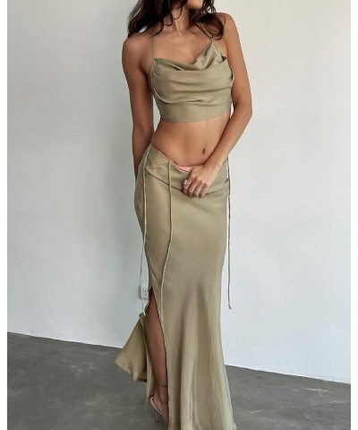 Y2k 2 Piece Skirt Set Outfits for Women Low Cut Lace Trim Cami Top Bodycon Maxi Skirt Summer Party Beach Sexy Green $10.39 Suits