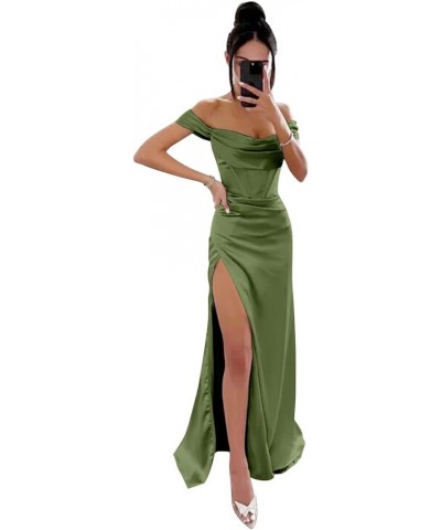 Off Shoulder Bridesmaid Dresses for Women Ruched Satin Long Formal Gown Mermaid Prom Dress with Slit EV9712 Olive Green $25.4...