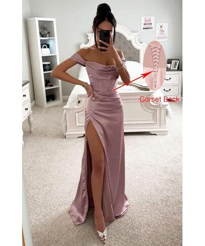 Off Shoulder Bridesmaid Dresses for Women Ruched Satin Long Formal Gown Mermaid Prom Dress with Slit EV9712 Olive Green $25.4...