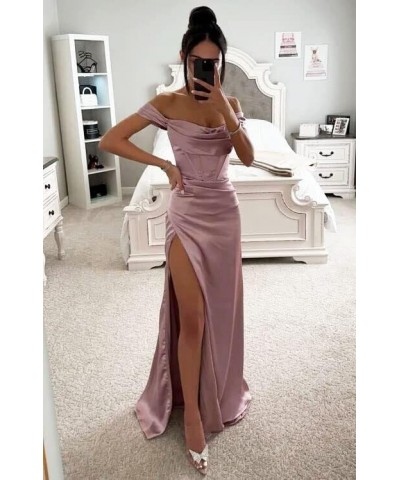 Off Shoulder Bridesmaid Dresses for Women Ruched Satin Long Formal Gown Mermaid Prom Dress with Slit EV9712 Olive Green $25.4...