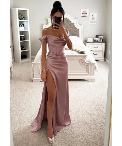 Off Shoulder Bridesmaid Dresses for Women Ruched Satin Long Formal Gown Mermaid Prom Dress with Slit EV9712 Olive Green $25.4...