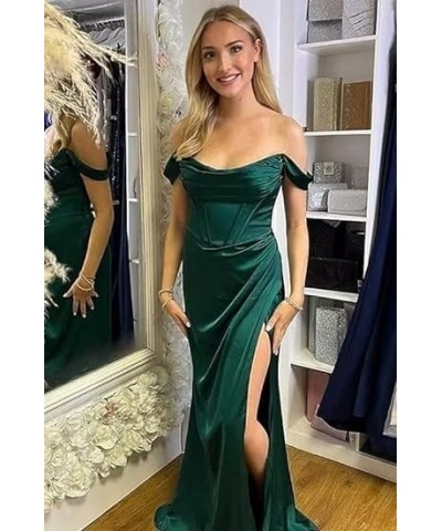 Off Shoulder Bridesmaid Dresses for Women Ruched Satin Long Formal Gown Mermaid Prom Dress with Slit EV9712 Olive Green $25.4...