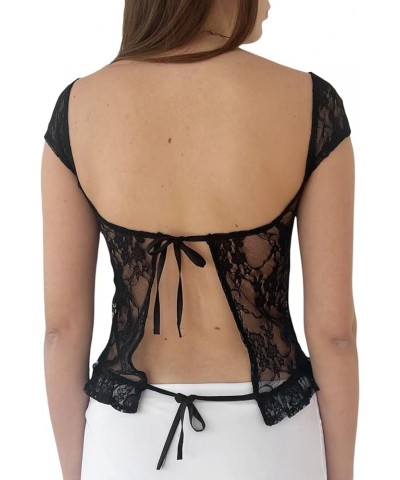 Women Floral Lace Backless Top Y2K Crop Top Sheer See Through Short Sleeve Open Back T Shirts Sexy Going Out Tops Za-black $9...