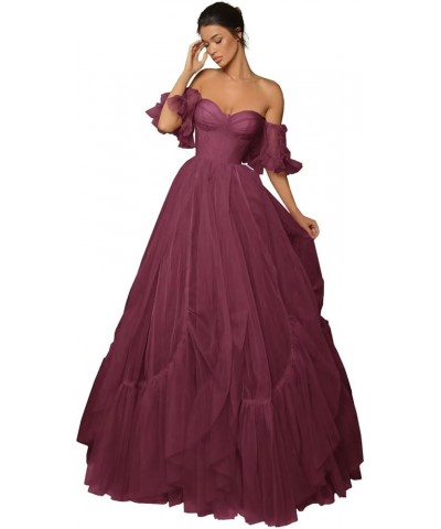 Off The Shoulder Long Prom Dresses Tulle Ruffle Sleeve Puffy Formal Evening Party Ball Gowns with Pockets Desert Rose $45.04 ...