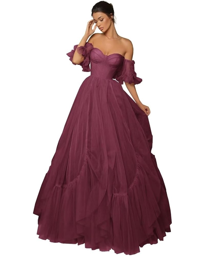 Off The Shoulder Long Prom Dresses Tulle Ruffle Sleeve Puffy Formal Evening Party Ball Gowns with Pockets Desert Rose $45.04 ...