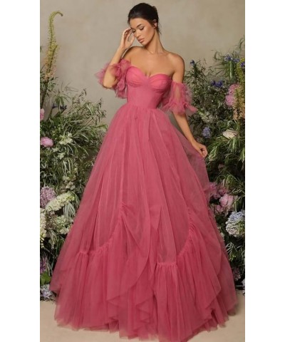 Off The Shoulder Long Prom Dresses Tulle Ruffle Sleeve Puffy Formal Evening Party Ball Gowns with Pockets Desert Rose $45.04 ...