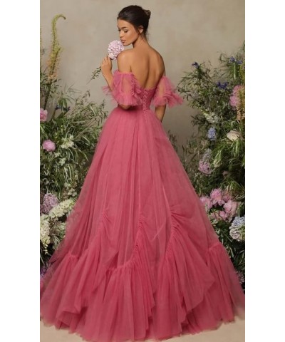 Off The Shoulder Long Prom Dresses Tulle Ruffle Sleeve Puffy Formal Evening Party Ball Gowns with Pockets Desert Rose $45.04 ...