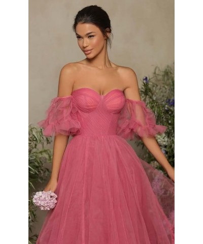 Off The Shoulder Long Prom Dresses Tulle Ruffle Sleeve Puffy Formal Evening Party Ball Gowns with Pockets Desert Rose $45.04 ...