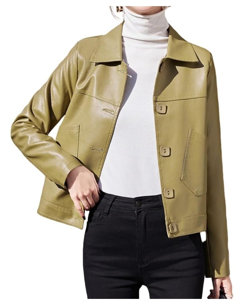 Women Bomber Jacket Cropped Biker Jacket Lapel Button Down Long Sleeve Winter Warm Pu Fashion Casual Coats Yellow $26.99 Coats