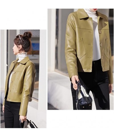 Women Bomber Jacket Cropped Biker Jacket Lapel Button Down Long Sleeve Winter Warm Pu Fashion Casual Coats Yellow $26.99 Coats