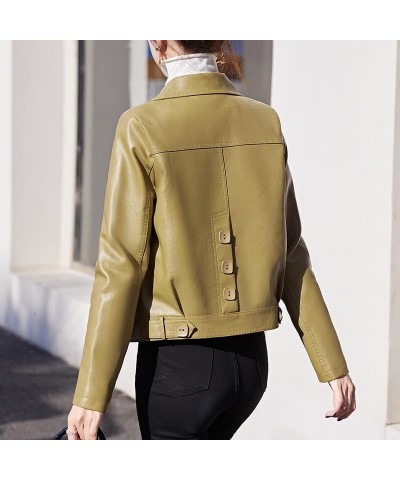 Women Bomber Jacket Cropped Biker Jacket Lapel Button Down Long Sleeve Winter Warm Pu Fashion Casual Coats Yellow $26.99 Coats