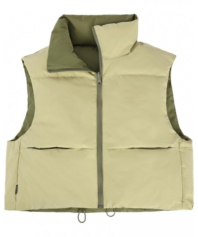 Women's Cropped Puffer Vest - Lightweight Reversible Zip Up Padded Outerwear Stand Collar Gilet Sleeveless Jacket Khaki $37.4...