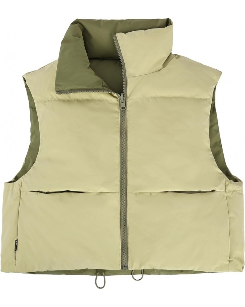 Women's Cropped Puffer Vest - Lightweight Reversible Zip Up Padded Outerwear Stand Collar Gilet Sleeveless Jacket Khaki $37.4...